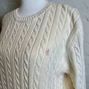 Ralph Lauren Ivory Cable Knit Crew Neck Sweater Valentine Pink RL Size Large